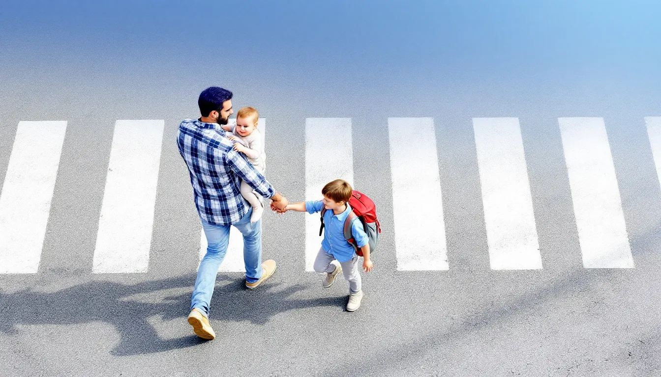Eine Familie überquert gemeinsam den Zebrastreifen, Symbol für den täglichen Schulweg.