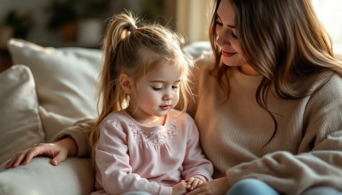 Eine Mutter tröstet ihr Kind in einer warmen, intimen Szene. Wie Eltern ihren Kindern in schwierigen Zeiten zur Seite stehen.
