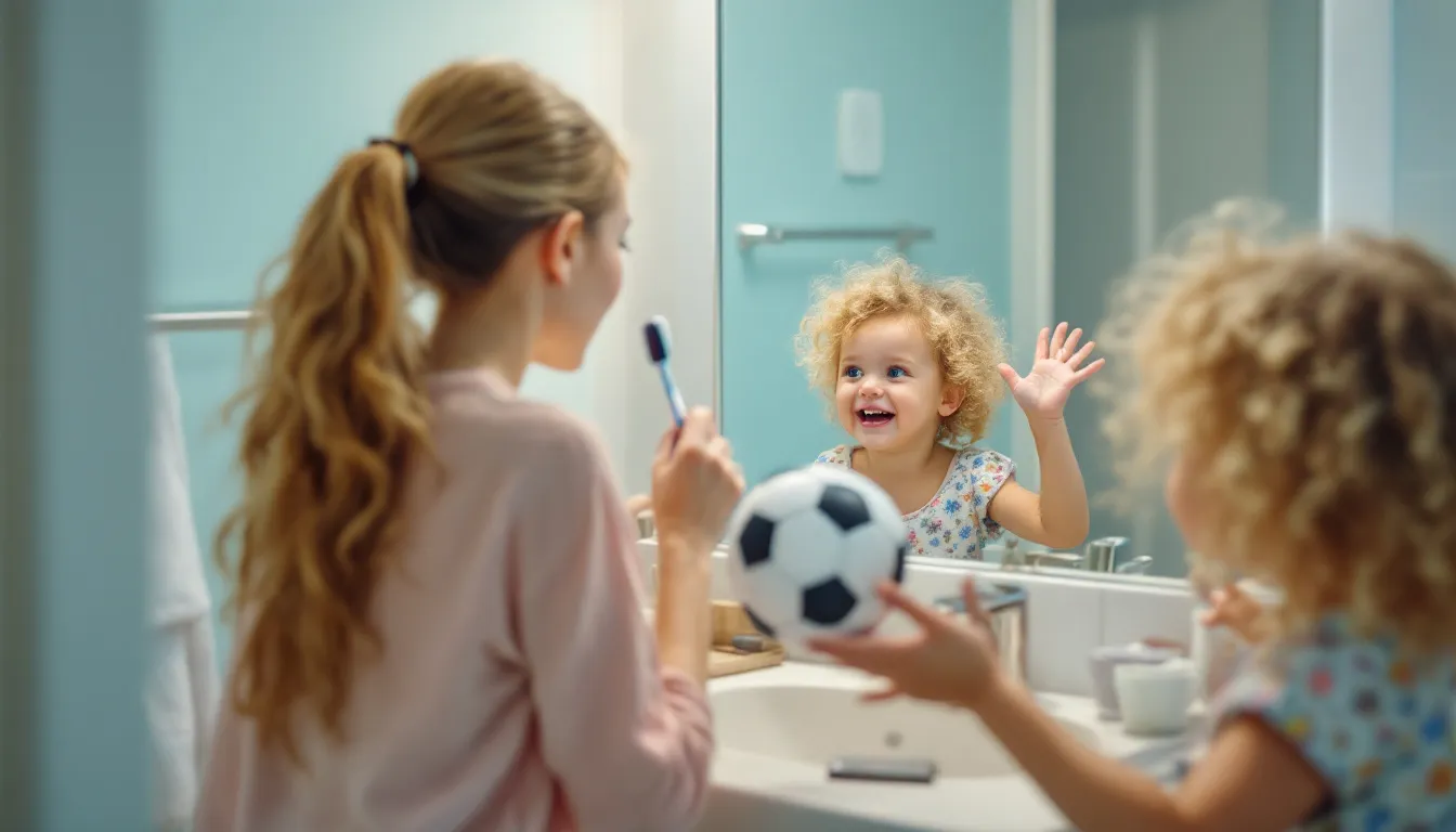 Familie im Badezimmer beim Zähneputzen und Händewaschen