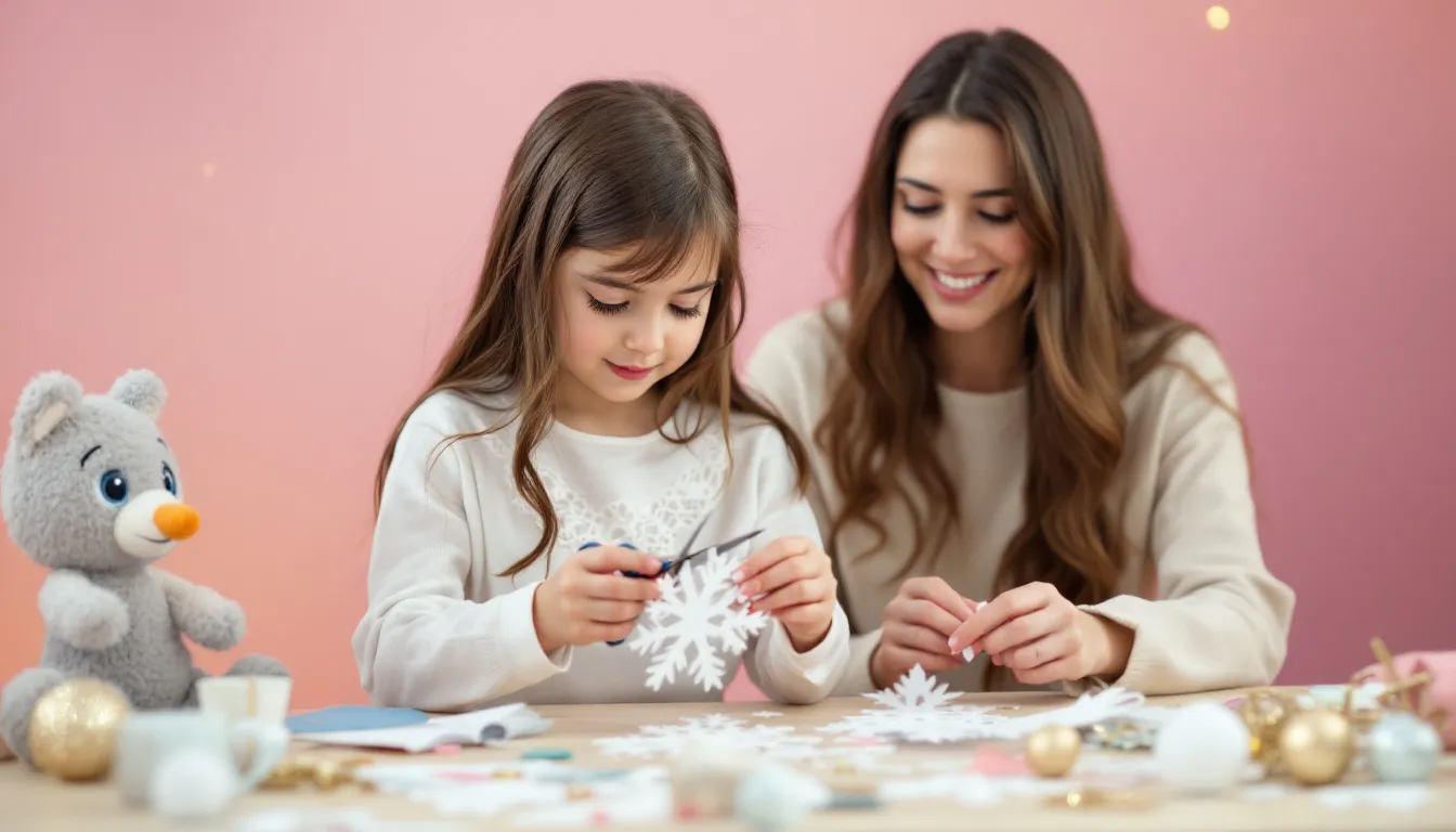 Familie bastelt Schneeflocken
