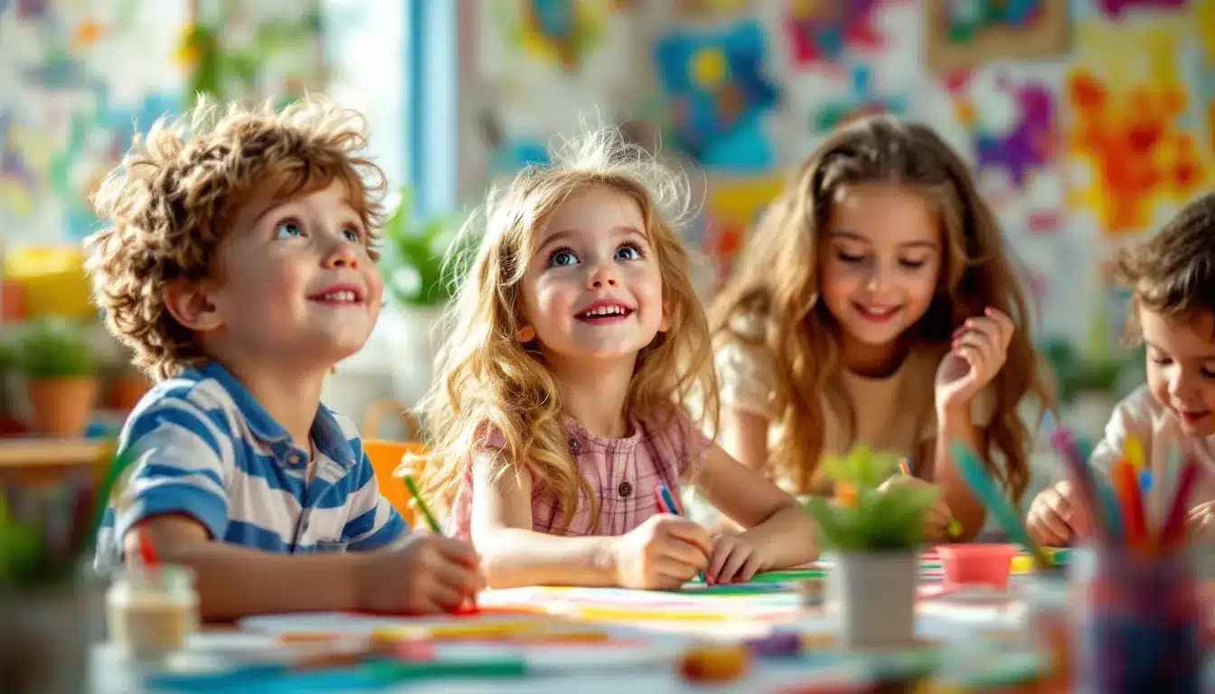 Kindergartenkinder malen und basteln gemeinsam am Tisch