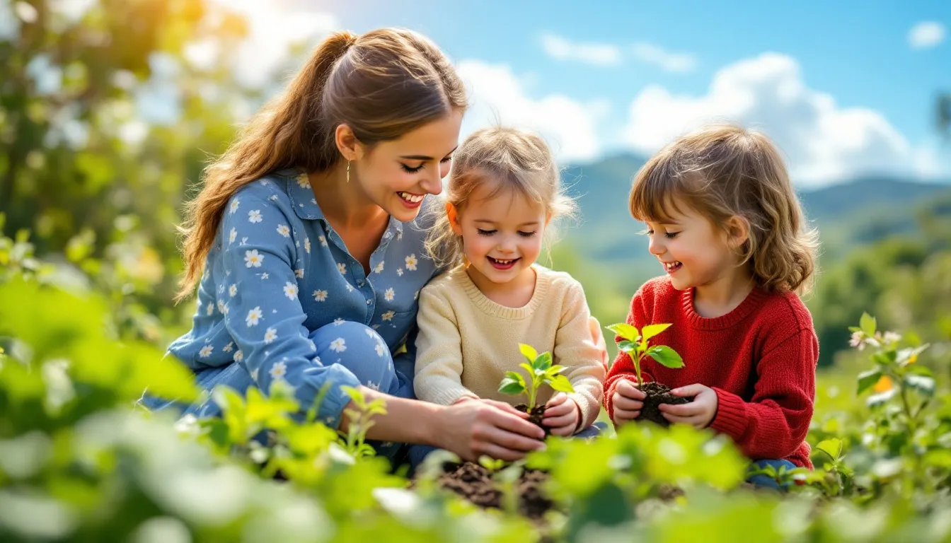 Eine Familie bepflanzt gemeinsam den heimischen Garten