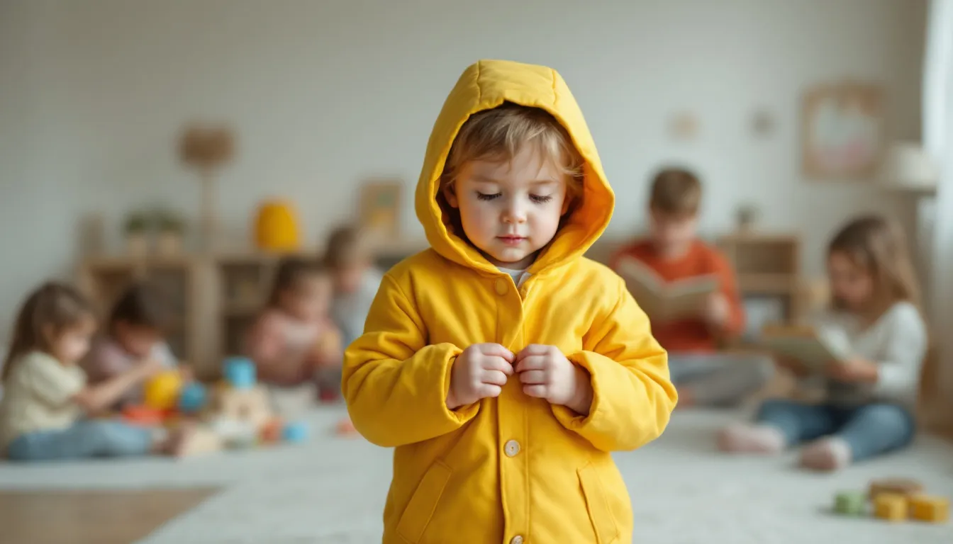 Kind knöpft Jacke