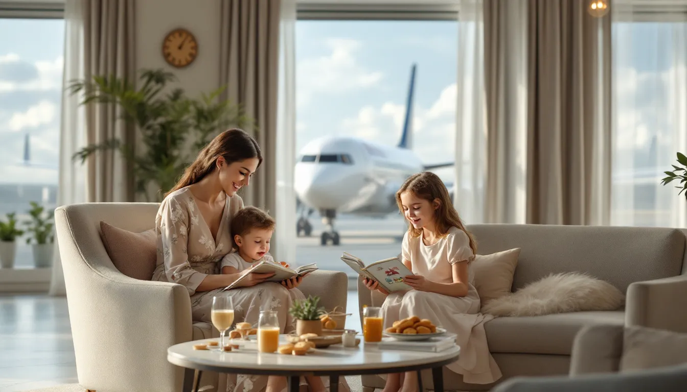 Eine Familie sitzt entspannt am Fensterplatz im Flugzeug, die Kinder spielen vergnügt mit ihren Spielsachen