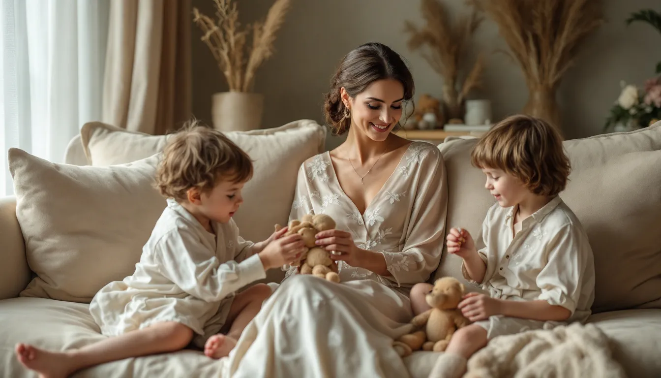 Eine Mutter sitzt mit ihren Kindern auf dem Sofa und liest ihnen vor. Die Kinder kuscheln sich an sie und hören aufmerksam zu.