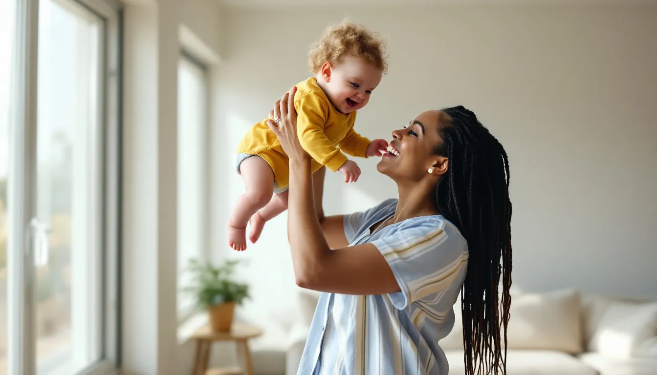 Mutter und Tochter spielen im Wohnzimmer