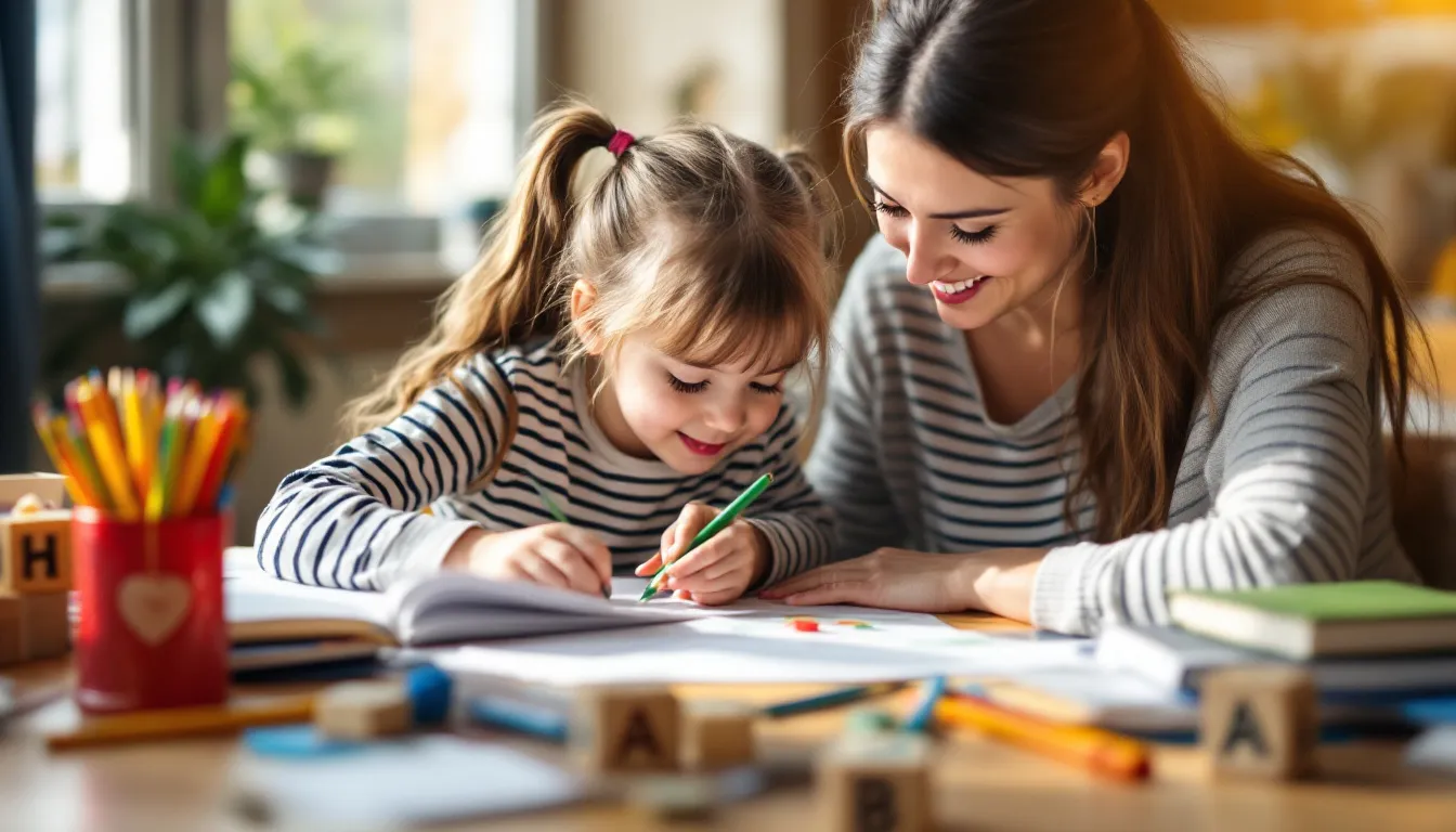 Mutter und Tochter malen gemeinsam und lernen Buchstaben