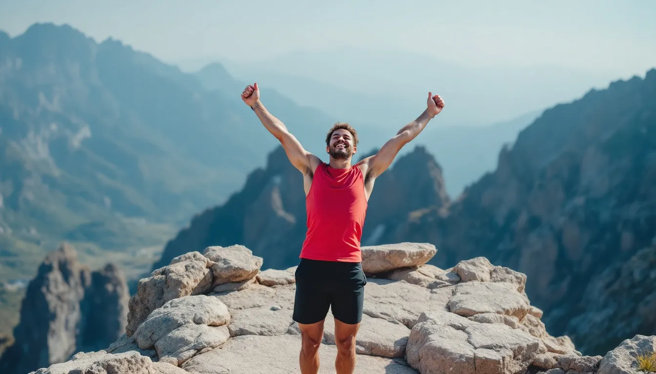 Jubel auf dem Gipfel: Ein Moment der Freude vor majestätischer Berglandschaft – Sinnbild für die Vereinbarkeit von Beruf und Familie.
