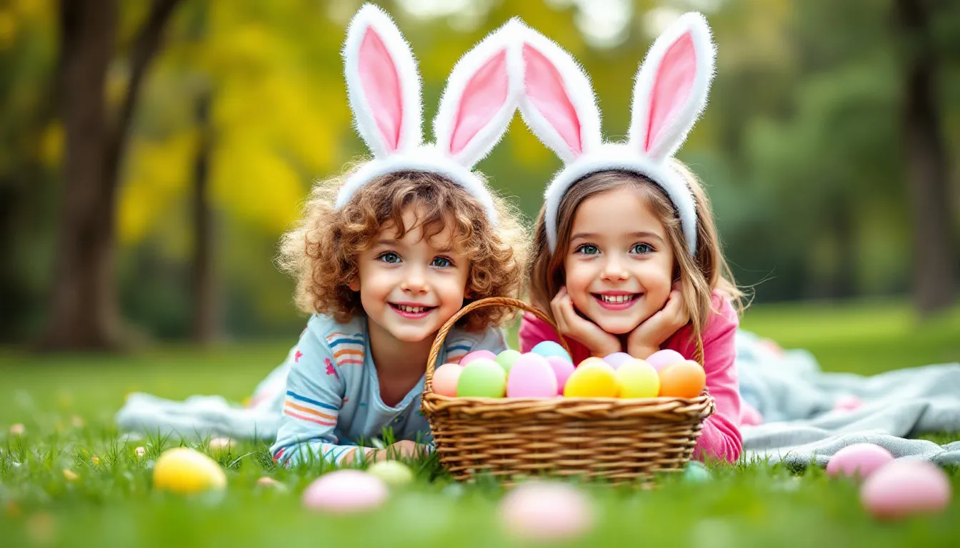 Kinder mit Hasenohren feiern Ostern im Park