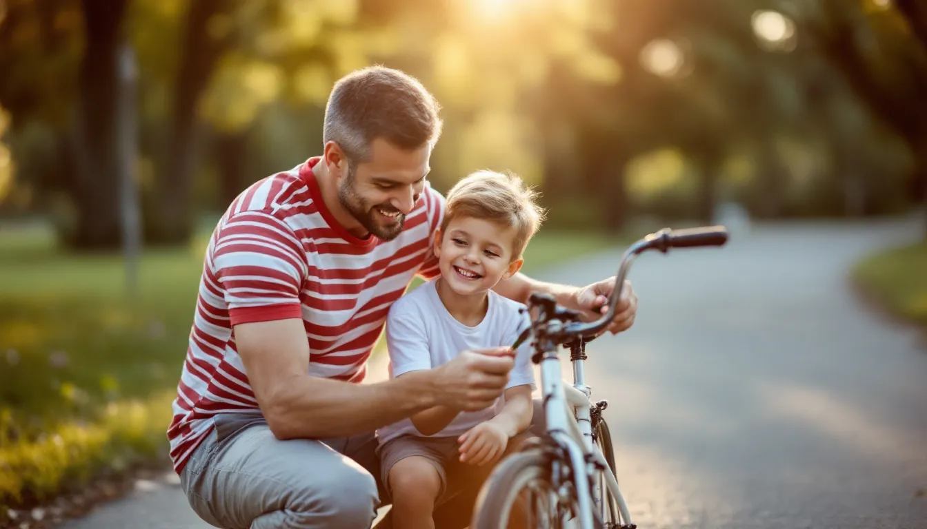 Vater und Sohn reparieren gemeinsam ein Fahrrad