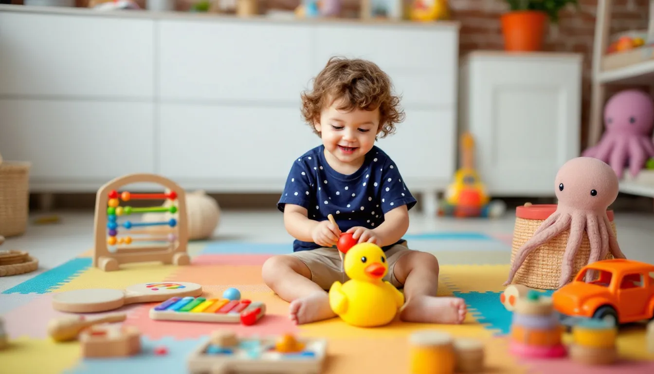 Spielzeug-Ärger: Ein Kind spielt mit Holzspielzeug in einem hellen Spielzimmer. Im Hintergrund: weiße Schränke und eine Ziegelmauer.