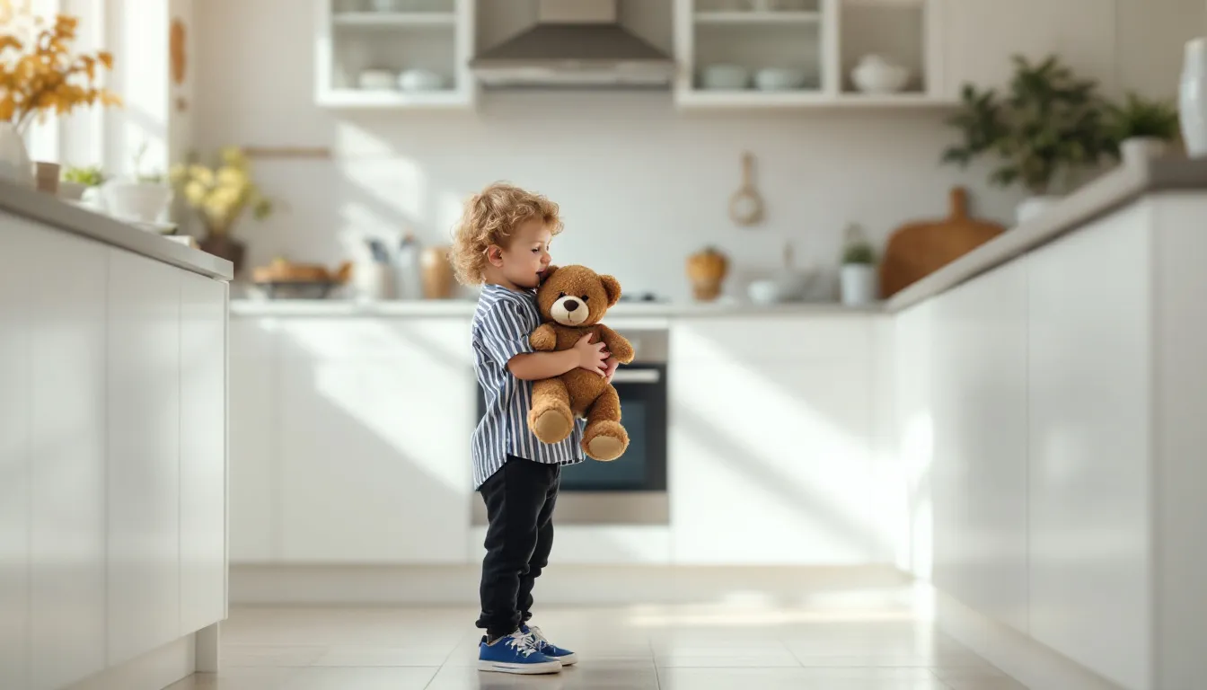 Ein Kind sitzt mit einem Teddybär in einer Küche, was die Frage aufwirft, ab wann Kinder alleine zu Hause bleiben können.