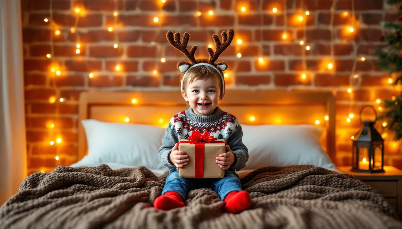 Ein Kind hält ein Geschenk in einem festlich geschmückten Zimmer.