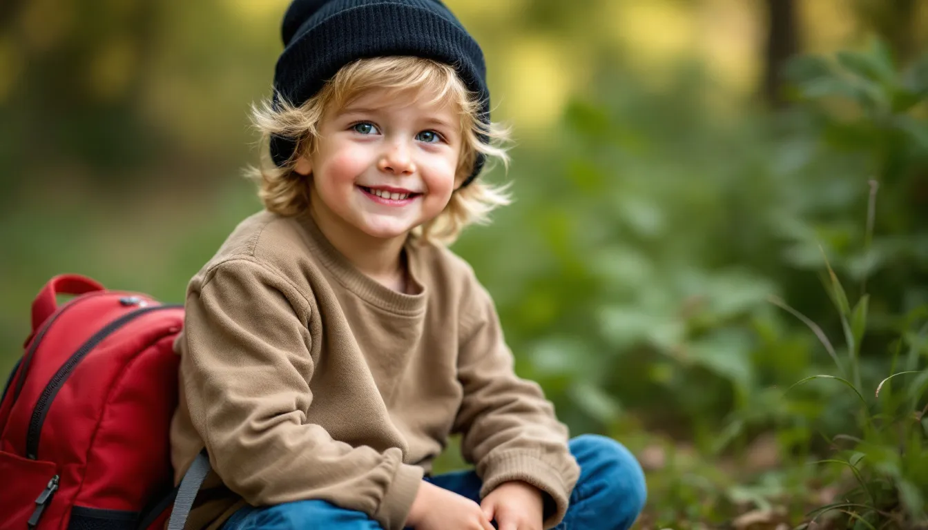 Ein Kind mit Beanie und Rucksack genießt die Natur