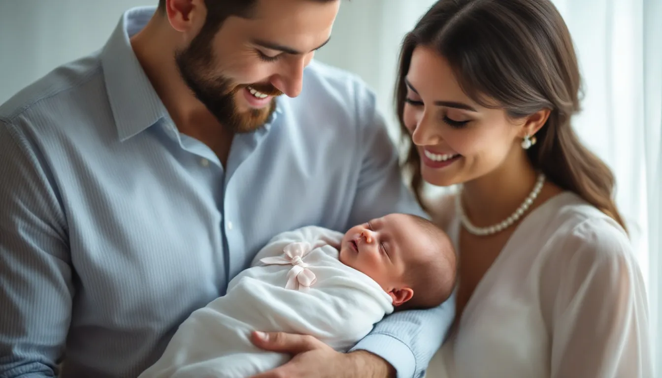 Ein Vater hält sein schlafendes Baby, während die Mutter liebevoll zuschaut.
