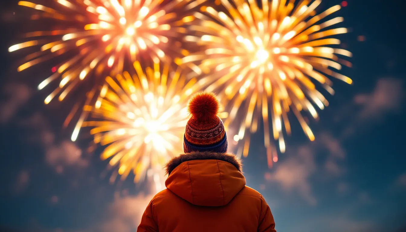 Ein Kind in orangefarbener Jacke schaut auf das Feuerwerk