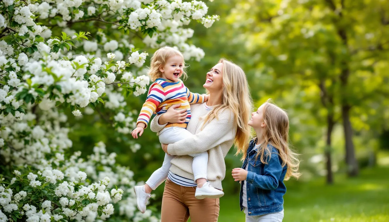 Eine glückliche Familie mit drei Kindern genießt den Frühling im Garten.
