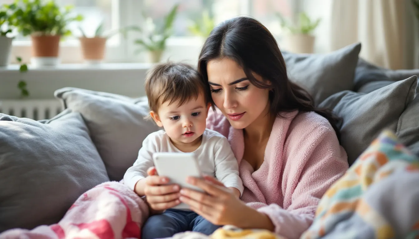 Mutter und Kind verbringen Zeit miteinander, während sie einen Film auf einem Tablet ansehen, was die Intimität und Technologie im modernen Familienleben hervorhebt.
