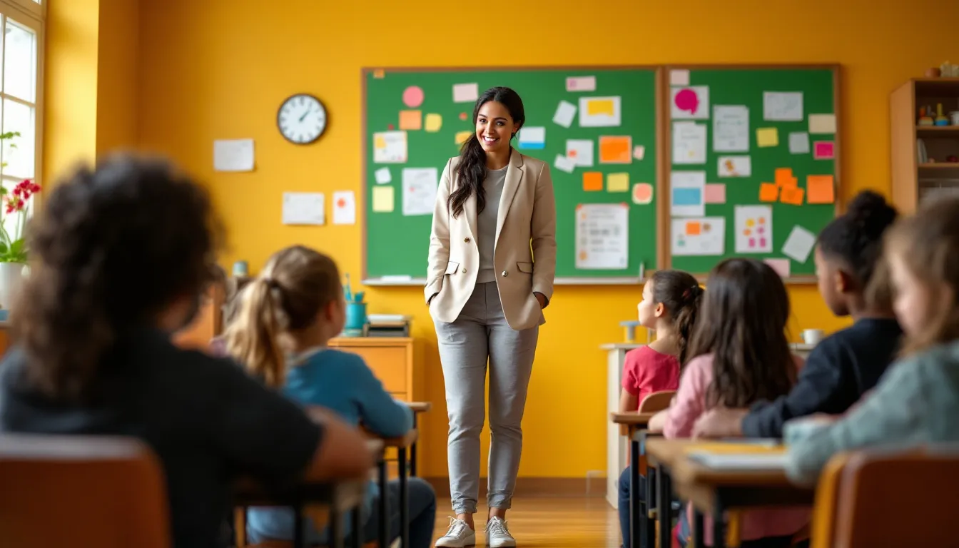Klassenzimmer-Szene mit Lehrerin und Kindern, die von einem Tier überrascht werden