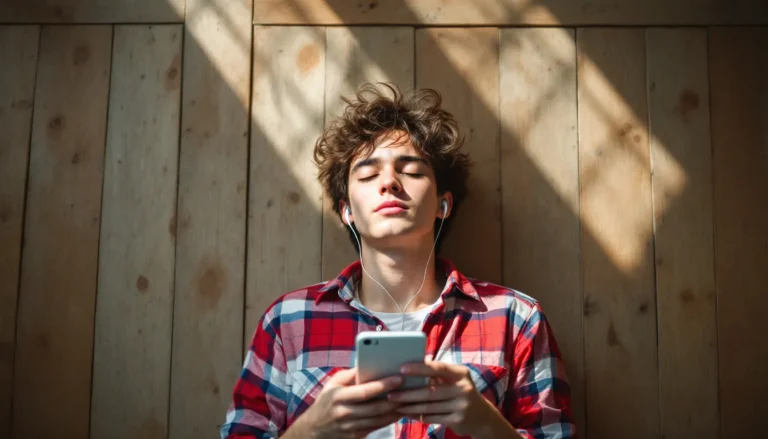 Teenager entspannt auf Holzboden mit Smartphone