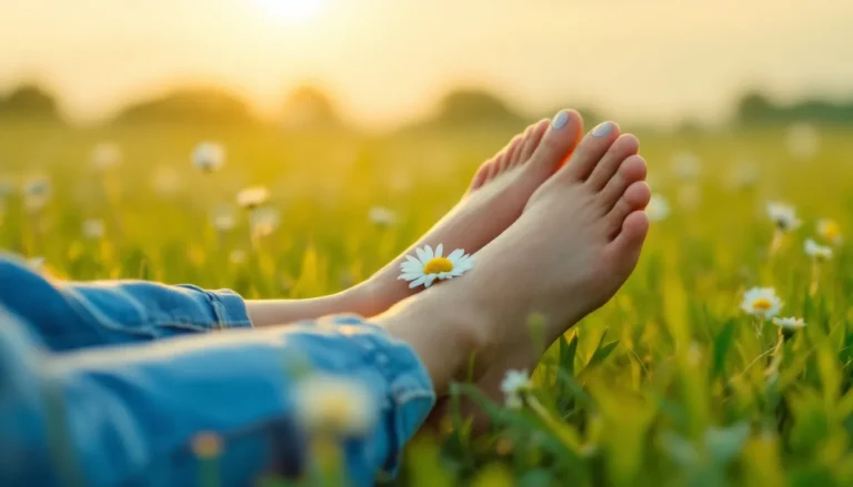 Entspannung im Gras: Füße mit Gänseblümchen in der Abendsonne