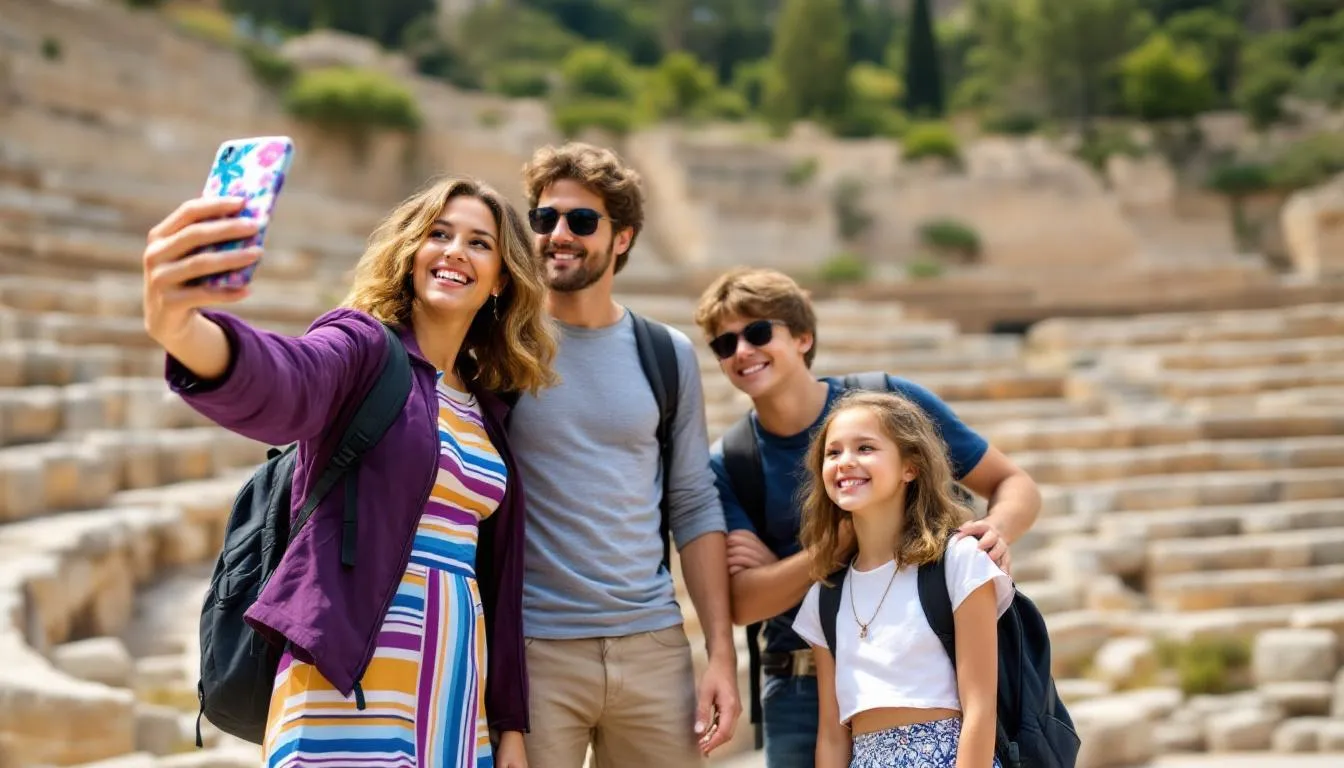 Teenager macht Selfie an historischer Stätte während des Familienurlaubs